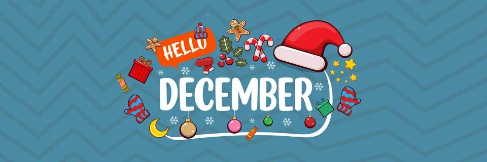 Hello December banner design template with santa hat, christmas tree, candy, hat Stock Illustration