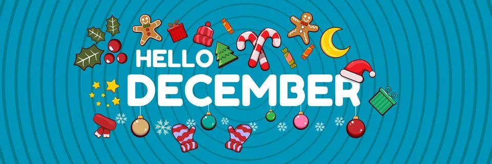 Hello December banner design template with santa hat, christmas tree, candy, hat Stock Illustration