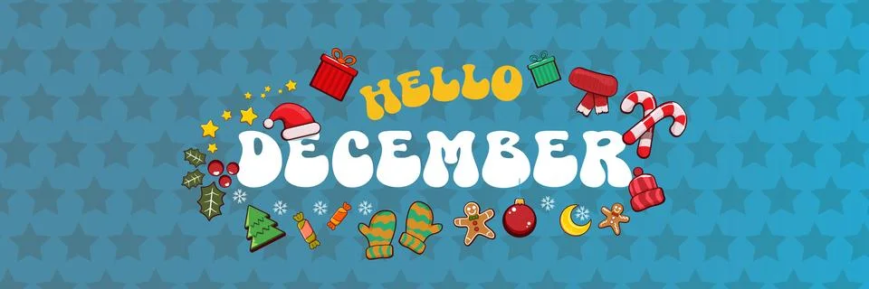 Hello December banner design template with santa hat, christmas tree, candy, hat Stock Illustration