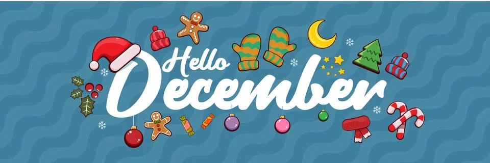 Hello December banner design template with santa hat, christmas tree, candy, hat Stock Illustration