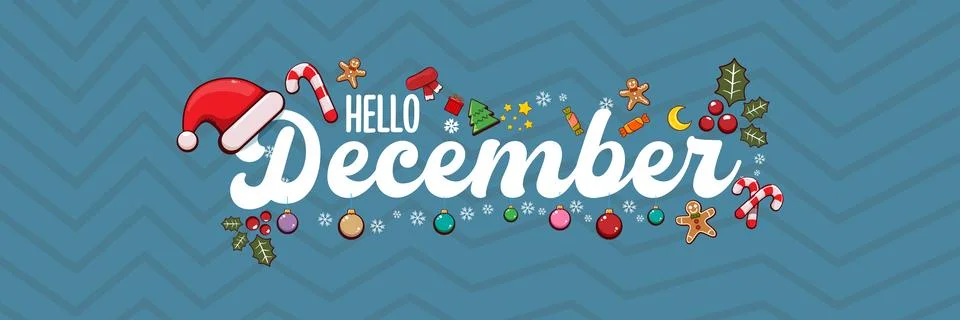 Hello December banner design template with santa hat, christmas tree, candy, hat Stock Illustration