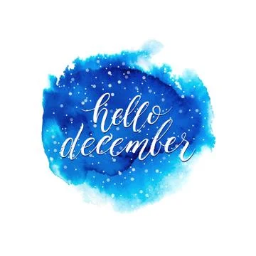 Hello december text on blue watercolor splash Stock Illustration
