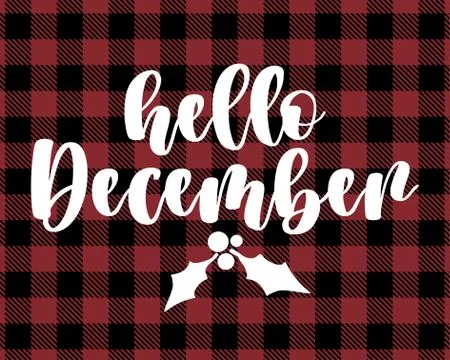 Hello December - text on Red and black tartan plaid lumberjack Stock Illustration