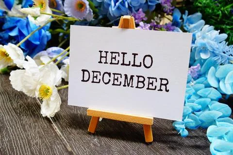 Hello December text write on paper card with wooden easel and flowers decor.. Foto stock