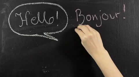 Hello in different languages on blackboard chalkboard Stock Footage 42616464