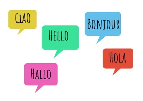 Hello in different languages chat bubbles learning with blank background Stock Illustration