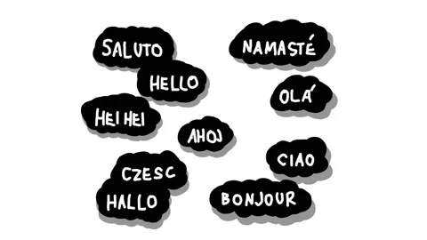 Hello in different languages in speech bubbles. Greetings in English, Czech F Stock Footage 146259627