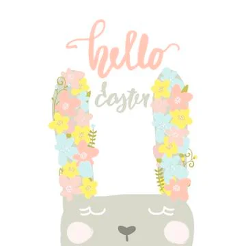 Hello Easter quote. Greeting Easter background with Easter egg and Cute bir.. Stock Illustration
