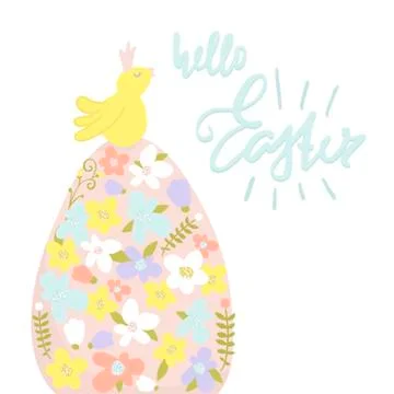Hello Easter quote. Greeting Easter background with Easter egg and Cute bir.. Stock Illustration