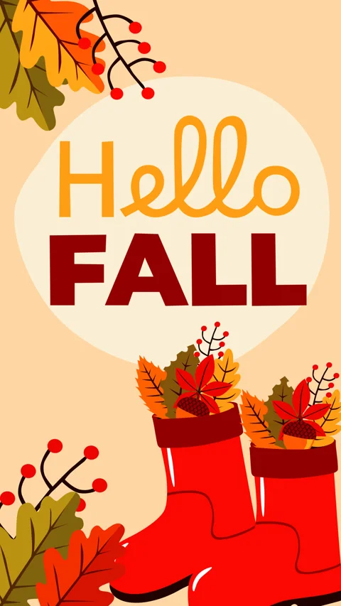Hello Fall Autumn Greeting with Red Rain Boots and Seasonal Leaves Loop Anim Stock Footage 340533723