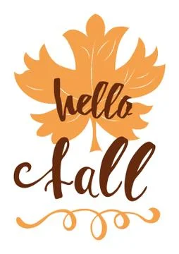 Hello fall autumn hand written inscription on orange hand drawn maple leaf Stock Illustration