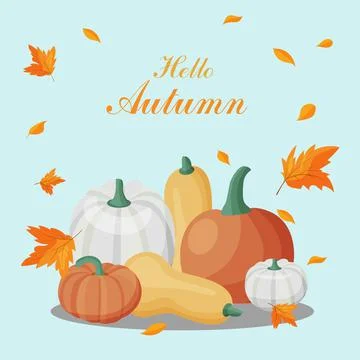 Hello, Fall. Autumn. Ripe pumpkins and leaves on blue background. Autumn Stock Illustration