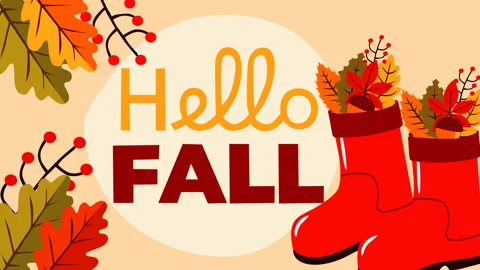 Hello Fall Background with Red Rain Boots and Autumn Leaves Loop Animation Stock Footage 340497747