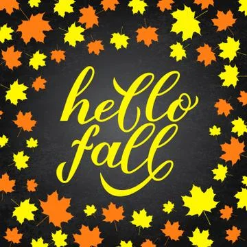 Hello fall calligraphy hand lettering on chalkboard background supported by a Illustrazione stock