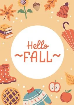 Hello fall card. Hand drawn calligraphy and cute seasonal elements. Vector 스톡 일러스트