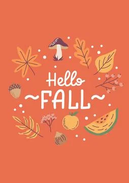 Hello fall card. Hand drawn calligraphy and cute seasonal elements. Vector 스톡 일러스트