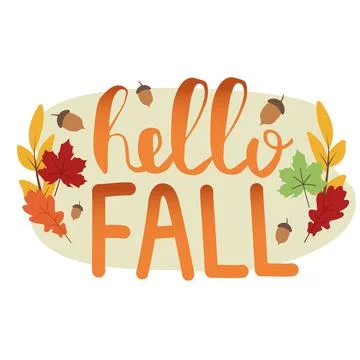 Hello Fall cute lettering, custom calligraphy with autumn leaves on white bac イラスト素材