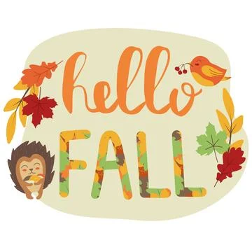Hello Fall cute lettering, custom calligraphy with autumn leaves on white bac Stock Illustration