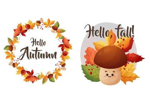 Hello, fall. Design elements, fall cute mushroom, frame with leaves. 스톡 일러스트
