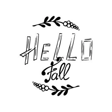 Hello fall doodle illustration with decor. Black and white. Stock Illustration