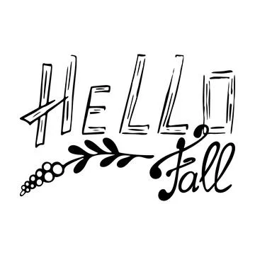 Hello fall doodle illustration with decor. Black and white. Stock Illustration