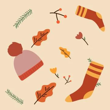 Hello Fall lettering on geometric background with pupmkin pie, hot spiced tea Illustrazione stock