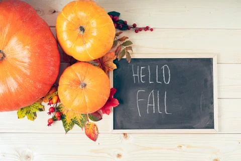 Hello fall. Pumpkins, berries and fallen leaves with chalk blackboard frame o Stock Photos