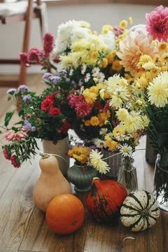 Hello fall. Stylish pumpkins among beautiful autumn flowers on rustic backg.. Stock Photos