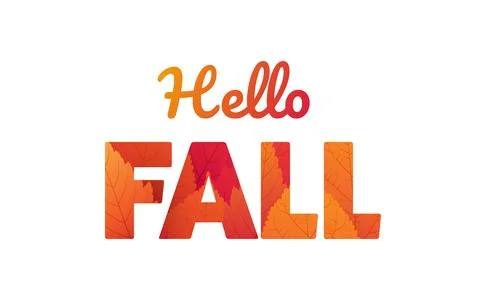Hello Fall text design with colorful autumn leaves, patterned letters. Seas.. Stock Illustration