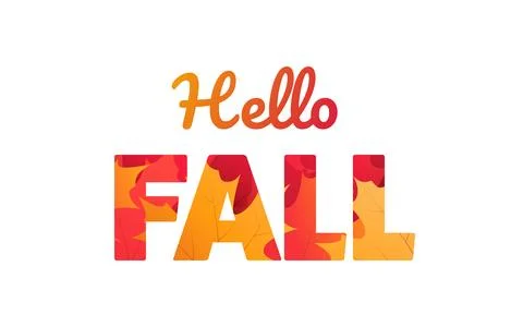 Hello Fall text design with colorful autumn leaves, patterned letters. Seas.. Stock Illustration