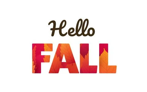 Hello Fall text design with colorful autumn leaves, patterned letters. Seas.. Stock Illustration