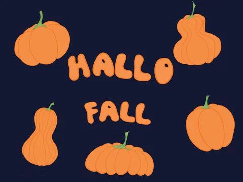 Hello Fall text with orange pumpkins on dark blue background Stock Illustration