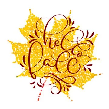 Hello fall text on yellow autumn leaf. Hand drawn Calligraphy lettering Vector Stock Illustration