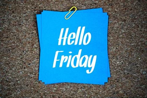 Hello Friday text message on stick note on cork paper background Stock Photos