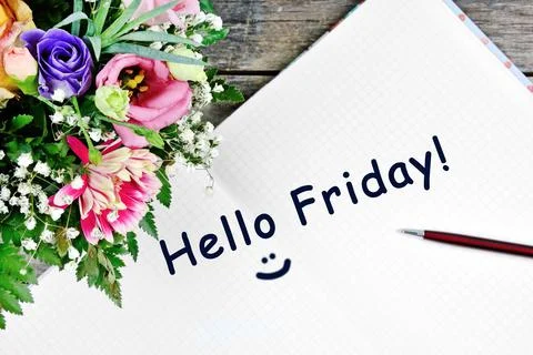 Hello friday words on notebook page Stock Photos