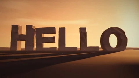 Hello Giant Eroded Stone Letters Standing in a Desert at Sunset with Volumetric Stock Footage 341985376