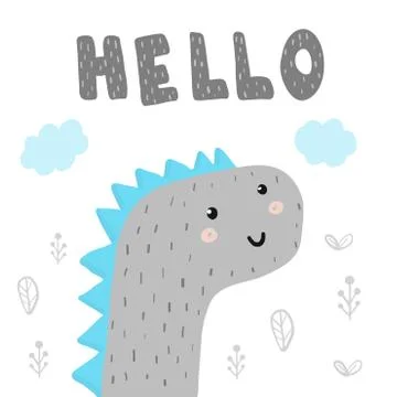 Hello hand drawn print with cute fantastic animal Stock Illustration