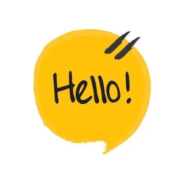 'Hello' hand lettering. Fun doodle style calligraphic headline in yellow speech 库存插图
