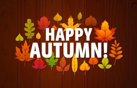 Hello happy autumn banner maple, oak, birch leaves Stock Illustration