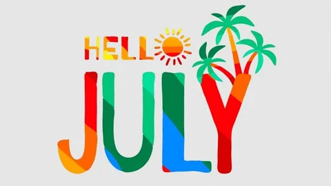 Hello July. Multicolored bright funny cartoon tremble inscription, sun, palm. Stock Footage 150150208