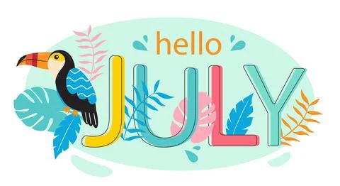 Hello July. Summer theme. Illustrations for greeting card or banner Stock Illustration