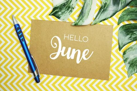 Hello June typography text on paper card with Monstera leaves 库存照片