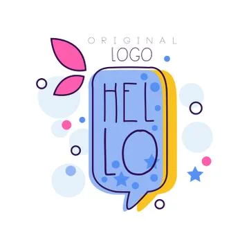 Hello logo original design, bright badge with Hello word and message bubble Stock-Illustration