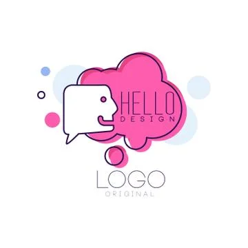 Hello logo original design, pink badge with Hello word, message bubble and cloud Stock Illustration