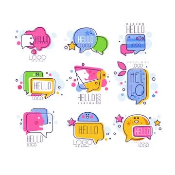 Hello logo templates set, bright badges, Hello quote message bubble vector 스톡 일러스트