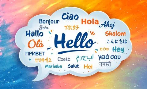 Hello in many languages speech bubble with colorful global diversity theme Stock Illustration