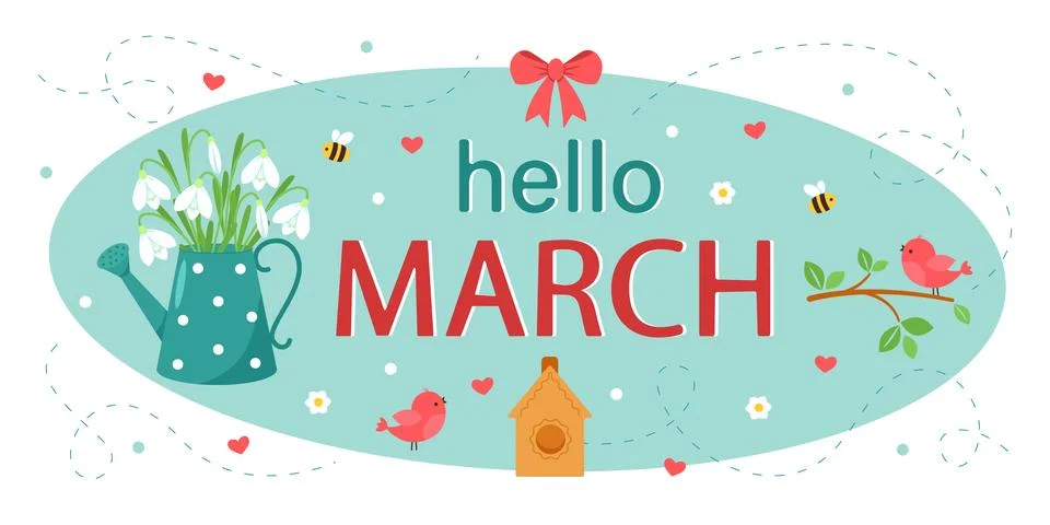 Hello March. Greeting card with a spring theme. Cute birds on a branch Stock Illustration