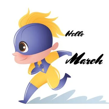 Hello march text banner and girl in superhero icon against white background Stock Illustration