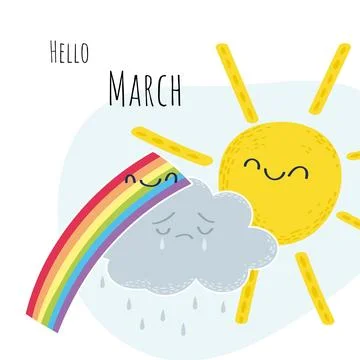 Hello march text with rainbow, sun and clouds icon against white background Stock Illustration