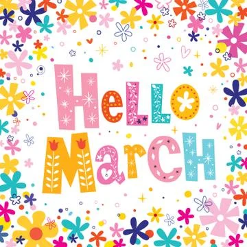 Hello March unique decorative lettering card Illustrazione stock